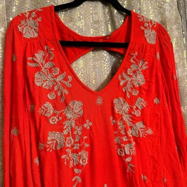 Free People Sweet Tennessee Red Tan Embroidered Long Sleeve Dress - Image 3