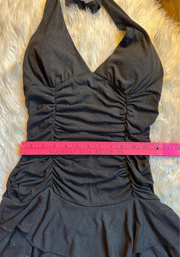 La Belle Vintage Y2K Black Glitter Ruched Halter Tiered Dress Medium Homecoming - Image 14