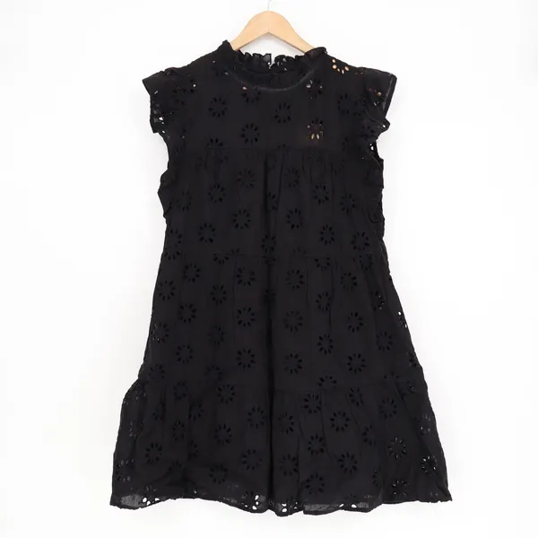 Entro Black Floral Eyelet Tiered Mini Dress Ruffle High Neck L - Image 2
