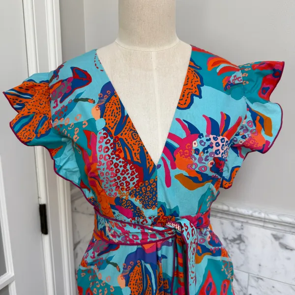 Celina Moon Meghann Midi Floral Poplin V-Neck Belted Dress Small - Image 2