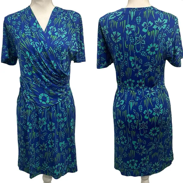 VTG 70s Bessi Firenze Blue Green Floral Silk Faux Wrap Surplice‎ Dress Mod Small - Image 2