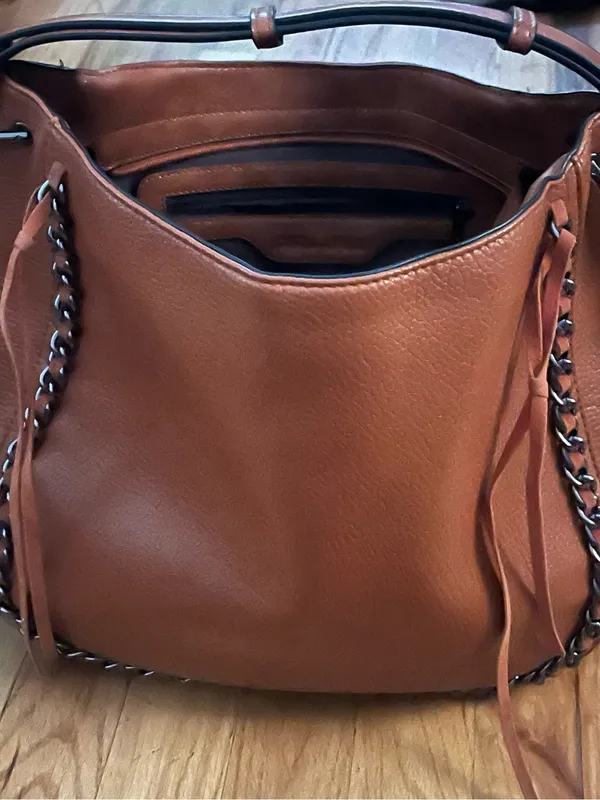 Mellow World Vegan Leather Shoulder Bag Brown Chain Trim PETA Approved - Image 5
