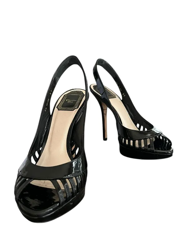 Christian Dior Women’s Whisper Black Patent Leather Peep Toe Sandals Heels 37 - Image 12