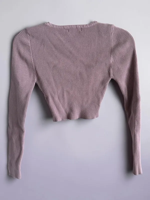 Love Tree Mauve Ribbed Long‎ Sleeve Button Up Henley Crop Top - Small - Image 2