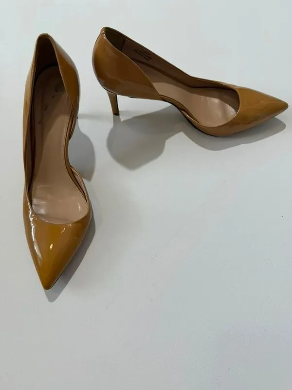 J.Crew Women's Patent Leather Pointed Toe D'Orsay Pumps, 3” Heels Tan - Image 2