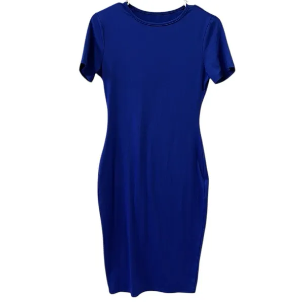 Source Unknown Royal Blue Short Sleeve Midi Bodycon Shirt Dress Womens Small - Image 6