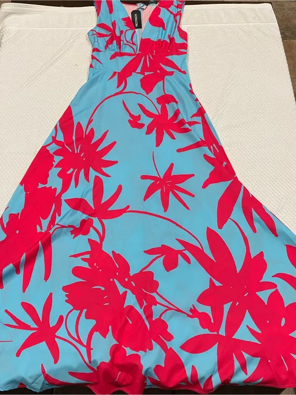 Sleeveless Maxi Dress in Turquoise with Hot Pink Floral Print - Image 2
