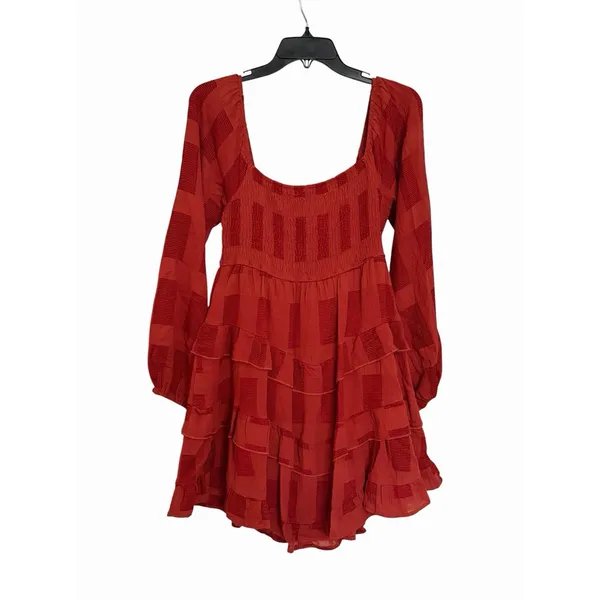 Altar'd State Rust Tiered Ruffle Mini Dress Smocked Long Sleeve Medium NWT #C2-1 - Image 11
