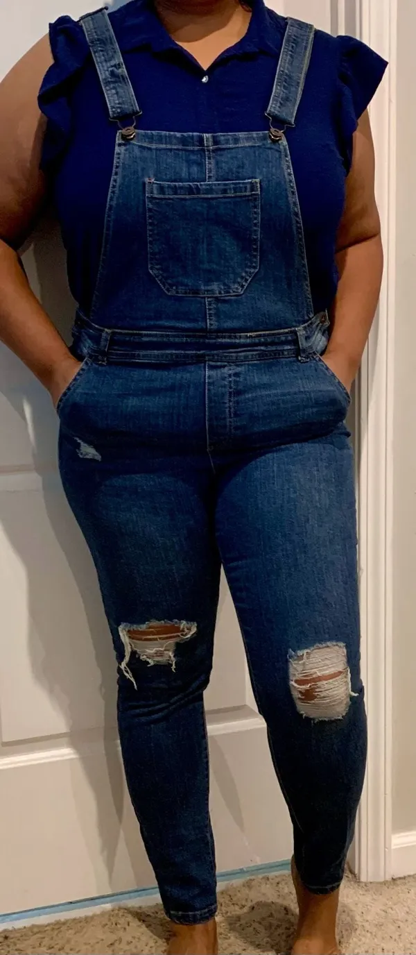 True Craft Women's Dark Wash Distressed Denim Overalls Size 13 - Image 8