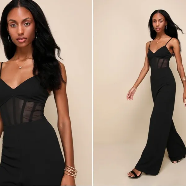 LULU's Sexy Chic Elegant Sheer Bustier Corset Black Wideleg Jumpsuit Pantsuit - Image 5