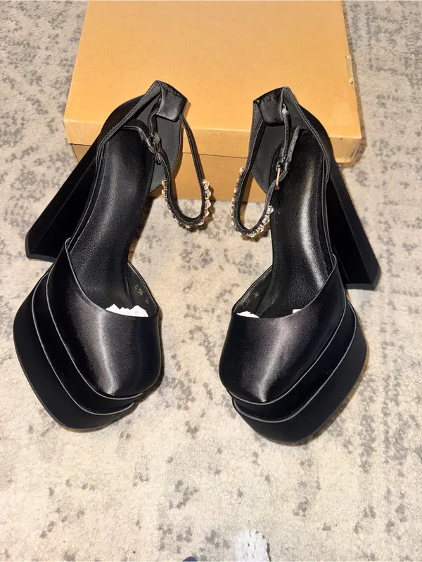 New Black Satin Platform Heels with Jeweled Ankle Strap size 36 (6) - Image 7