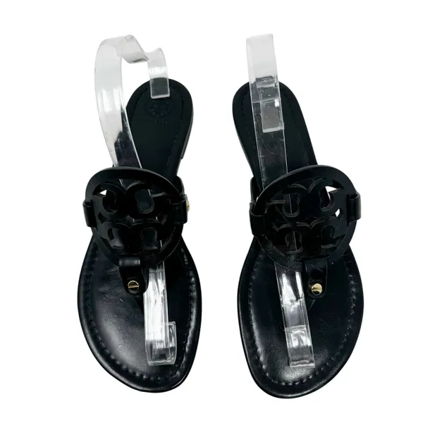 Tory Burch Miller Sandal Black Leather Logo Medallion Thong Flat Size 9.5 - Image 2
