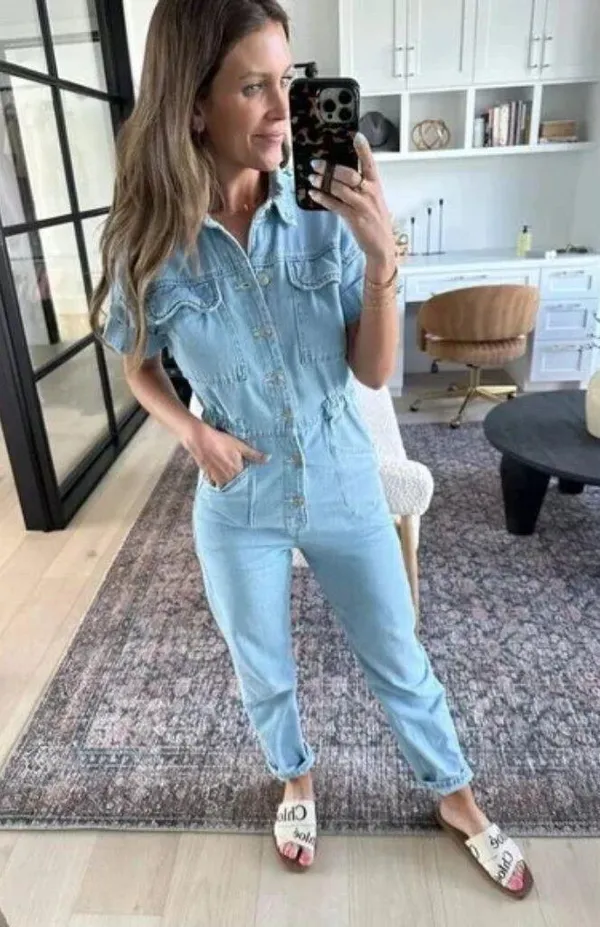 FREE PEOPLE Marci Denim Jumpsuit in Wash Clear Skies Size X-Small - Image 11