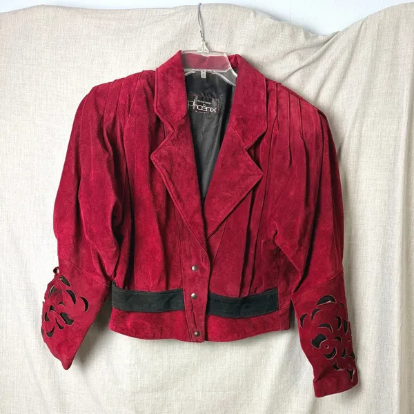 Vintage Phoenix Burgundy Black Suede Cutout Cropped Jacket‎ M Art Western AS IS - Image 8
