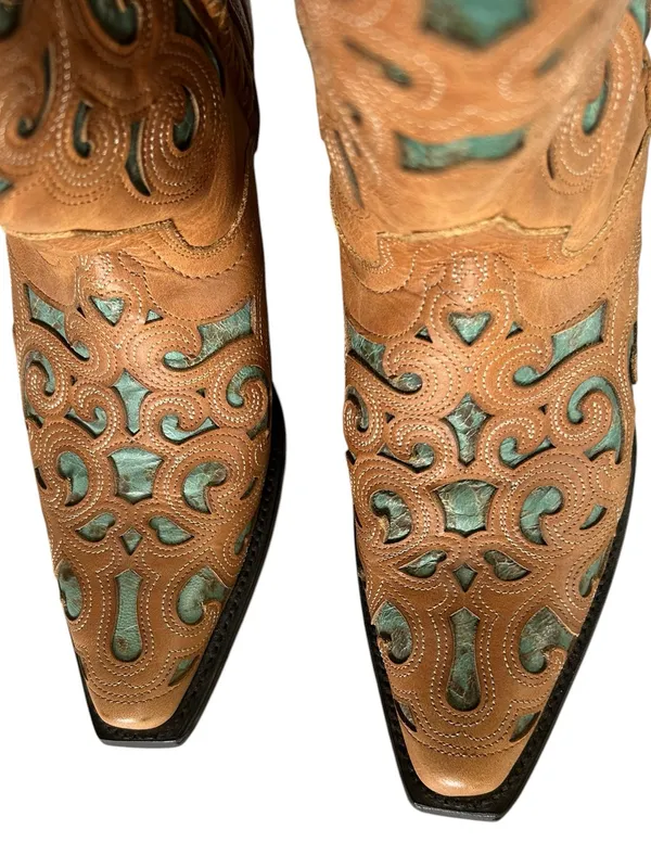 J.B. Dillon Turquoise Leather Cutout Pointed Toe boots Western Coastal Cowgirl 7 - Image 6