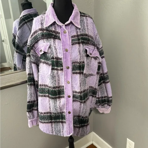 Pol x Anthropologie Purple Fuzzy Plaid Shacket Corduroy Trim Medium. - Image 3
