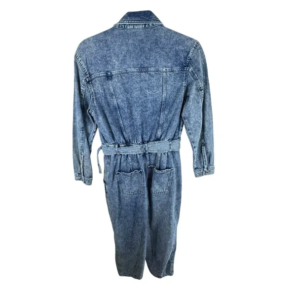ZARA 100% Cotton‎ Acid Wash Long Sleeve Belted Button Down Denim Jumpsuit Size M - Image 3