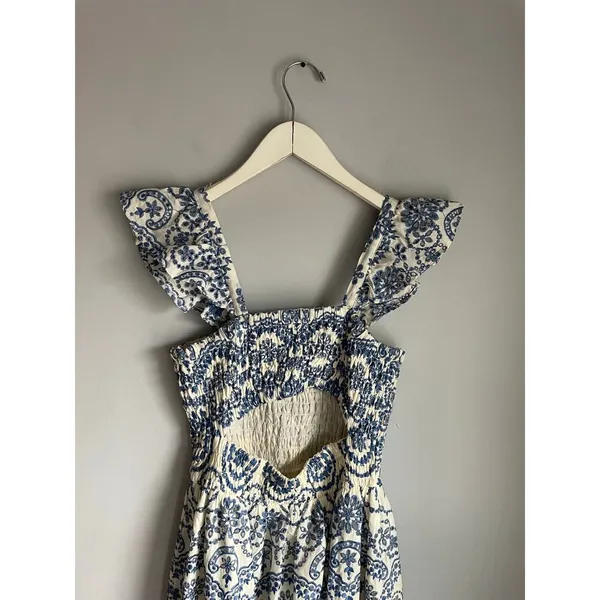 Zara Blue White Paisley Print Ruffle Strap Tiered Midi Dress Boho Womens M‎ - Image 5