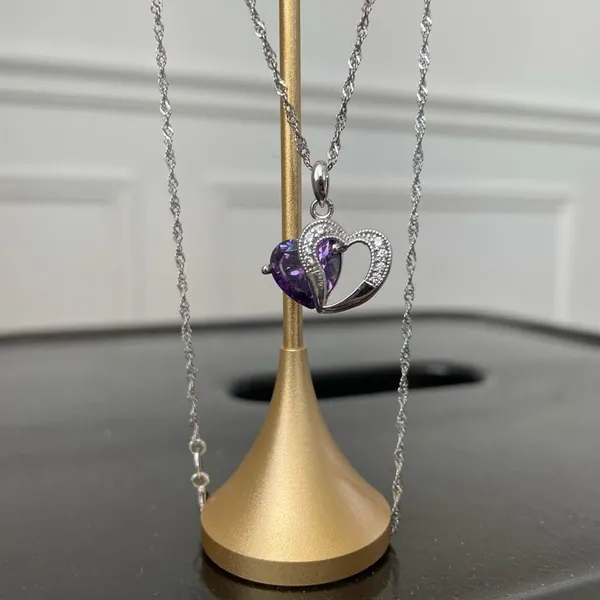 Jeulia 925 Silver Double Heart Pendant Necklace Amethyst CZ Stone Pendant - Image 3