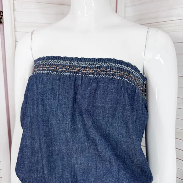 Poetry‎ Boho Smocked Strapless Wide Leg Chambray Jumpsuit Denim Blue Small - Image 5