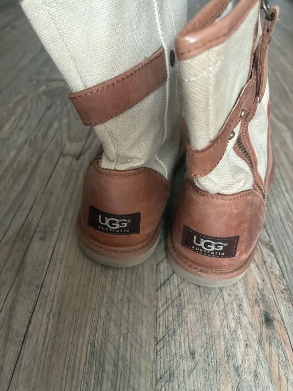 UGG Brown Leather and Cream Canvas Women's Ankle Boots - Image 2