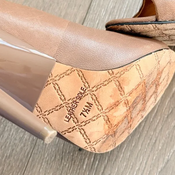 L.A.M.B Gwen Stefani Taupe Leather Leopard Print Open Toe Heels‎ 7.5M - Image 4