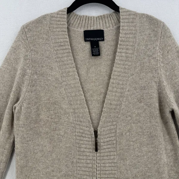 Cynthia Rowley Long Zip Cardigan M Beige Angora Wool Blend Duster Coastal Preppy - Image 3