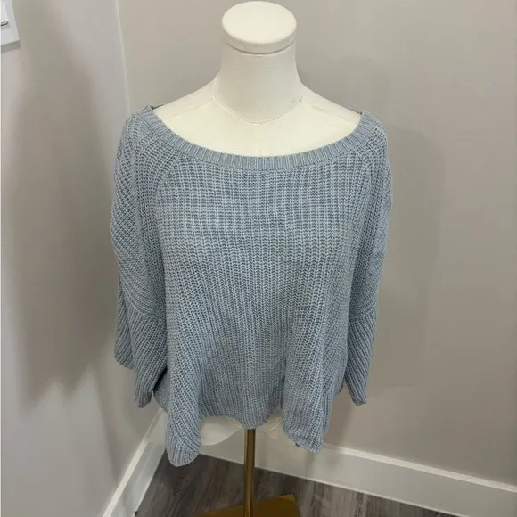 Free People Grey Ribbed Knit Cropped Short Sleeve Boxy Sweater Cotton Blend XS‎ - Image 2