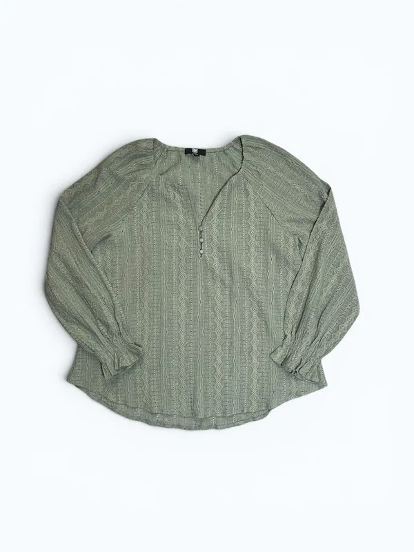 Frye Textured Long Sleeve Peasant Blouse Boho Western Eyelet top green sage Med - Image 3