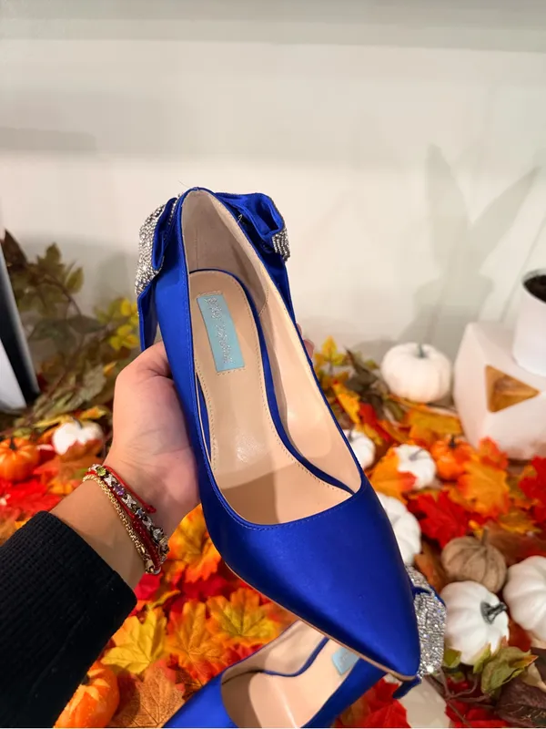 Betsey Johnson Royal Blue Satin Pointed Toe Heels with Crystal Bow - Image 13