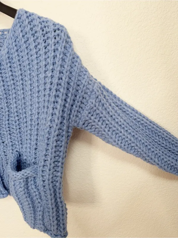 Miss Sparkling Blue Chunky Knit Cropped Cardigan Gold Button Pocket Sweater - Image 4