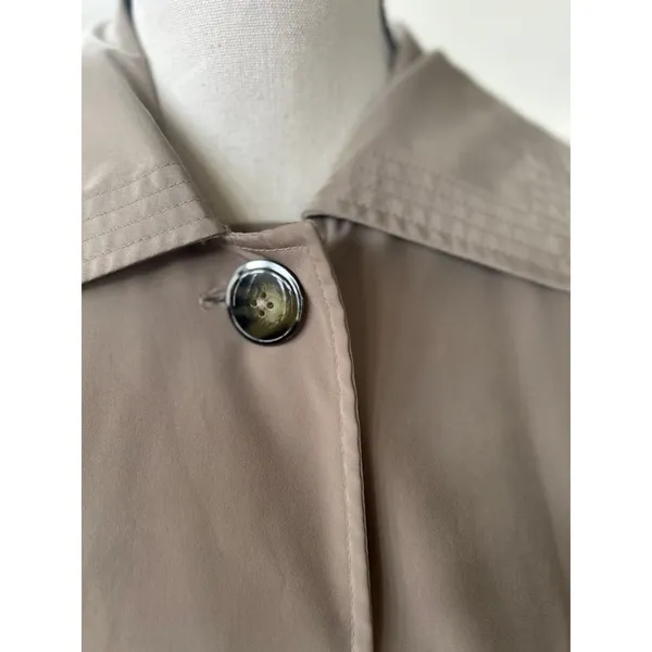 London Fog Tan Khaki Button Front Black Plaid Lined Trench Coat - Image 2