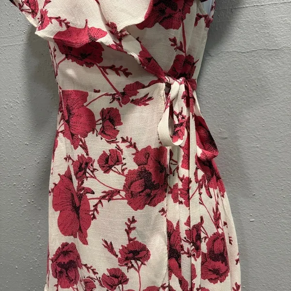 Free People Floral Ruffle Wrap Mini‎ Dress Cream Pink Cap Sleeve Size S - Image 4