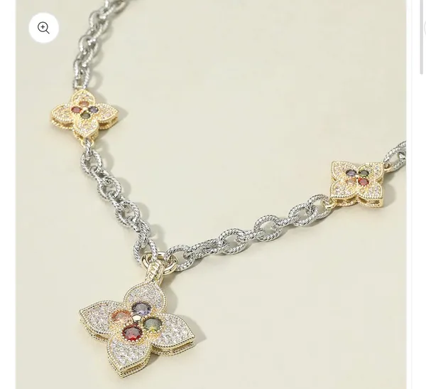 14K Gold Plated Stone Embellished Clover Pendant Station Necklace - Image 2
