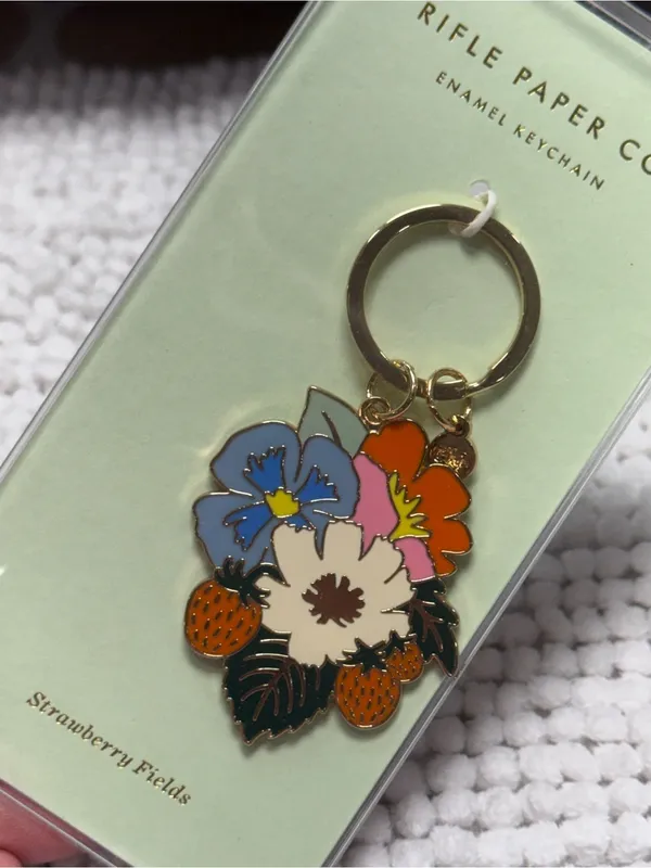 Rifle Paper Co Strawberry Fields Enamel Keychain Floral Strawberry Charm NWT - Image 4