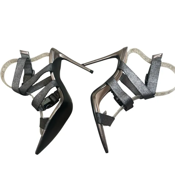 Street Style Chic Winnie Harlow x Steve Madden Edgy Gun Metal Strappy Heels - Image 5