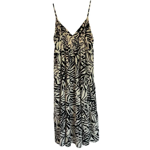 Patrons of‎ Peace Womens Black Cream Tropical Leaf Smocked Midi Dress Summer S - Image 5