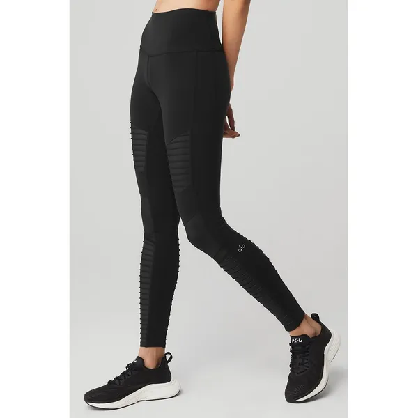 ALO Yoga Moto Leggings High Waist‎ Black Moto Panel Detail Athleisure Small - Image 3