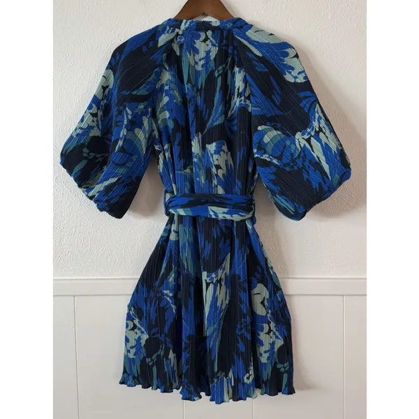 Ciebon XS Blue Pleated Floral Belted Mini Dress Balloon Sleeve Button Front - Image 4
