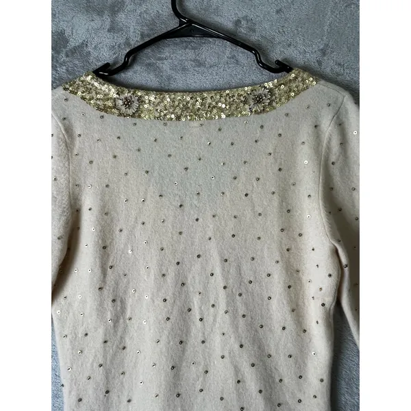 Vintage 100% Cashmere Sequin Beaded Embellished Sweater Medium Ivory Gold Y2K - Image 4