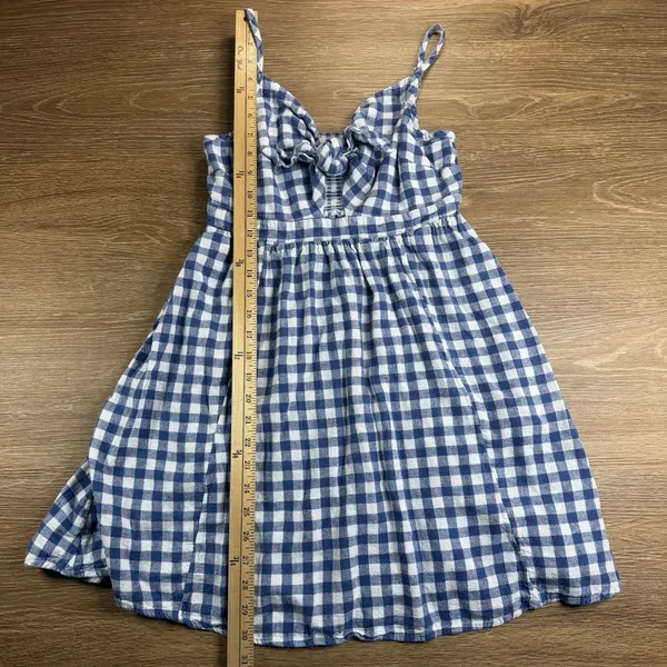 Old Navy Fit Flare Dress Women S Blue Gingham Linen Blend Tie Front Mini Coastal - Image 9