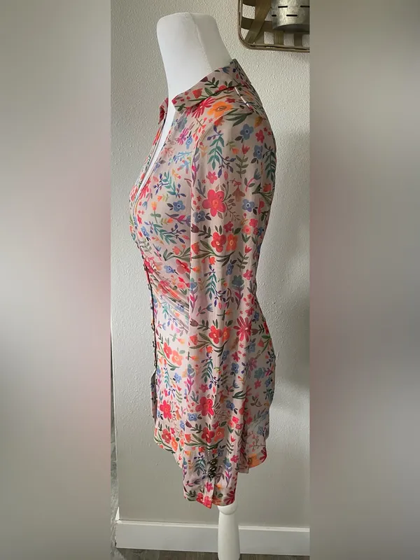 Natural Life Carina Mesh Top Floral Wildflower Ruched Button Down - Image 3