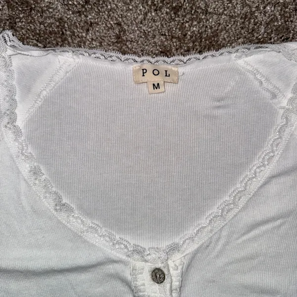 POL Henley Top Womens Medium White Excellent Lace‎ Trim Bell Sleeve UKT71 Cotton - Image 2