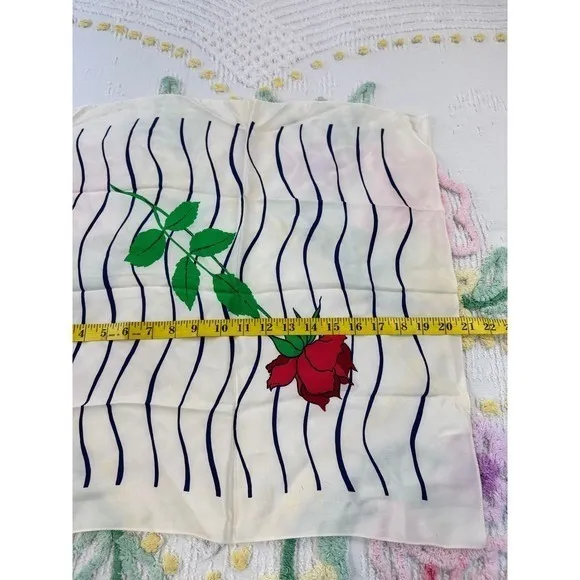 Christian Dior Vintage Silk Scarf Red Rose Navy Wavy Stripe Cream Made in France - Image 8