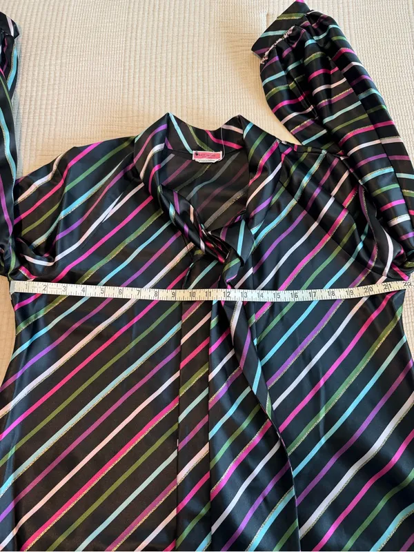 kate spade Black Satin Tie-Neck Blouse with Pink, Green, Blue and White Stripes - Image 14