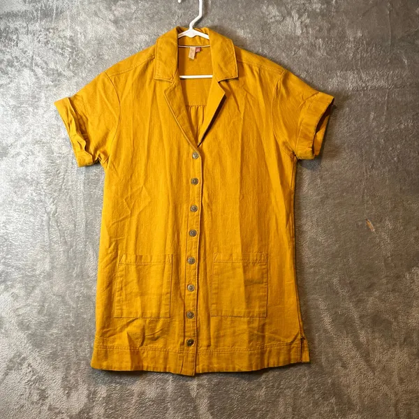 Pilcro‎ Buttondown Shirt Dress Linen Blend Patch Pockets Yellow Utility - Image 7