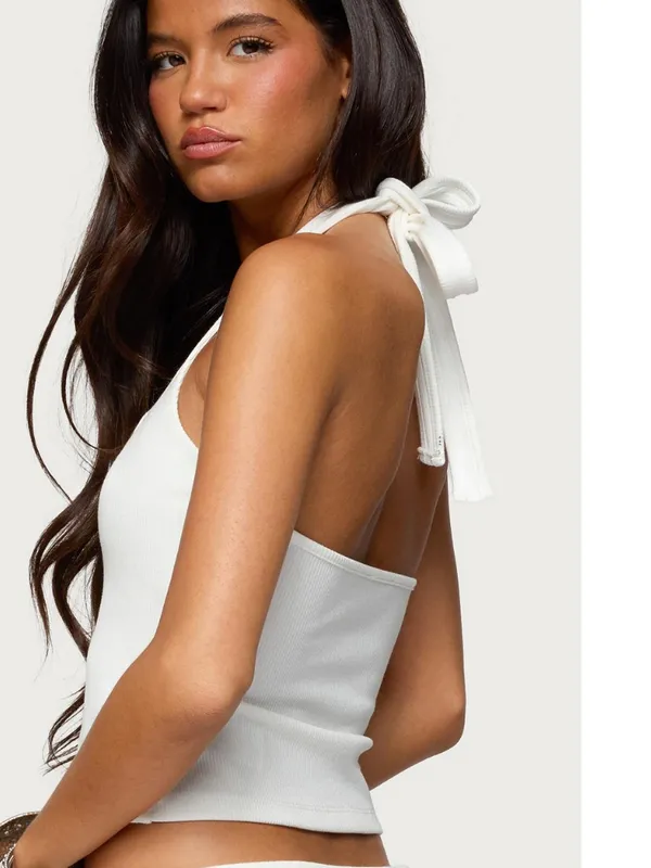 Edikted Havana Grommet Ribbed Halter Top White Size Small - Image 2