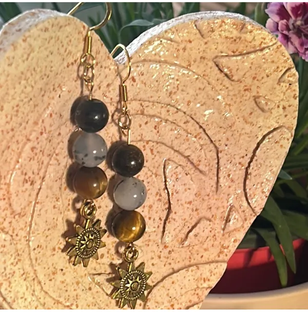 Handmade Bronzite + Chrysoprase + Tigers Eye Sun Charm Earrings - Image 5