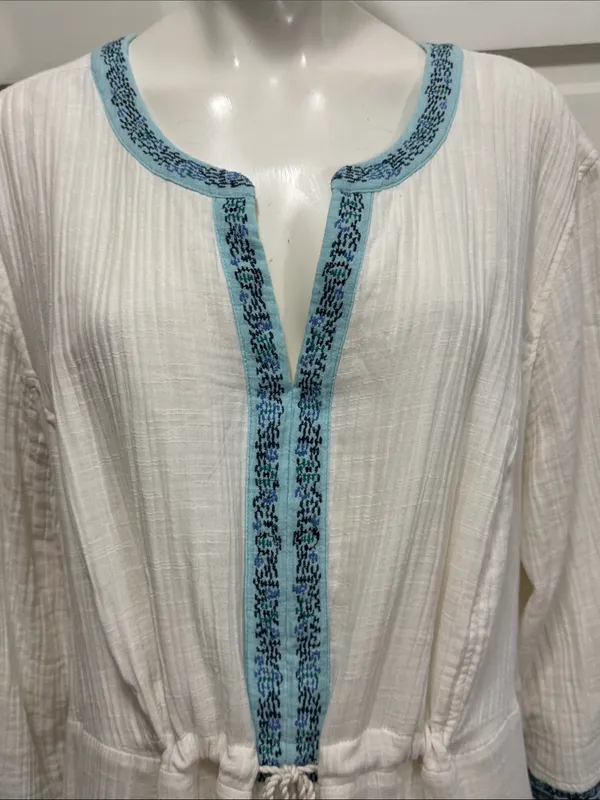 J Jill Gauzy Lined Ivory Dress XL Boho Drawstring Waist Blue Trim Pockets - Image 4