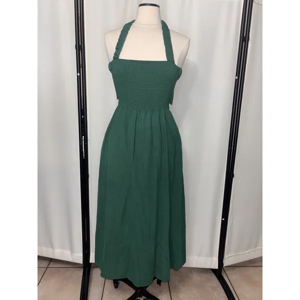 Womens Smocked Green Midi Dress Cottage Sundress Pockets Backless Straps Stretch - Image 10